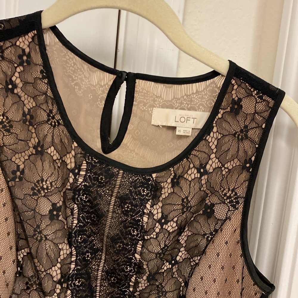 LOFT Black and Tan Peplum Blouse with Embellished Lace - Picture 2 of 4